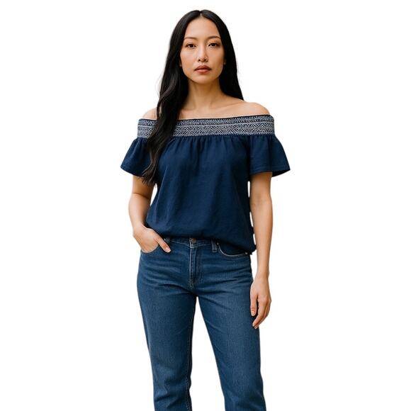 Vineyard Vines Off the Shoulder Embroider Linen Top Navy Blue Size XS - Picture 1 of 7